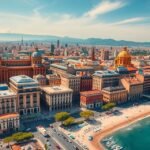 Barcelona városképe a tengerparttal és épületekkel