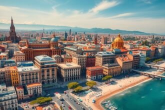 Barcelona városképe a tengerparttal és épületekkel