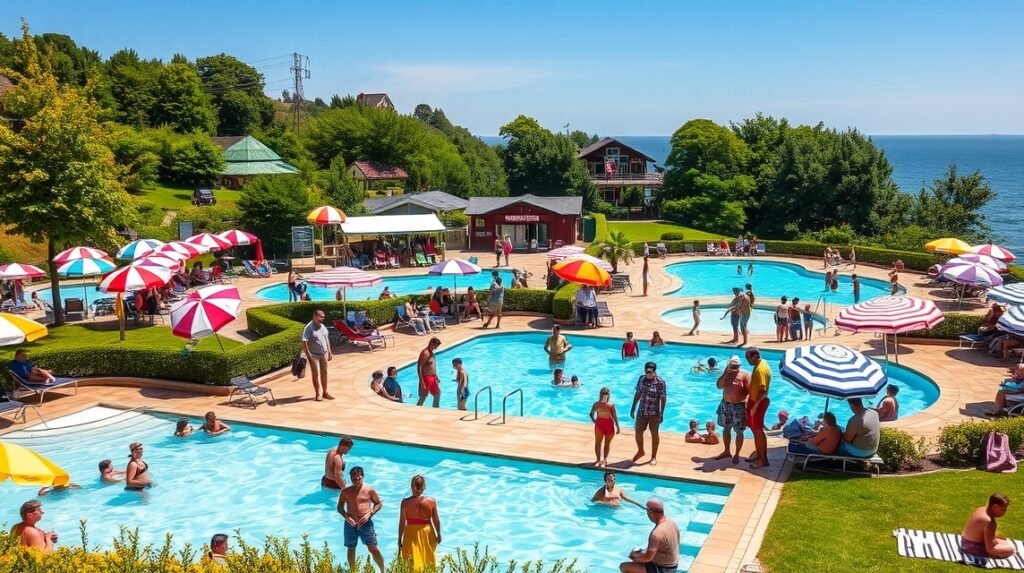 Víkend-telep strandja Marosvásárhelyen, nyár, pihenés és vízi szórakozás.