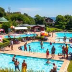 Víkend-telep strandja Marosvásárhelyen, nyár, pihenés és vízi szórakozás.