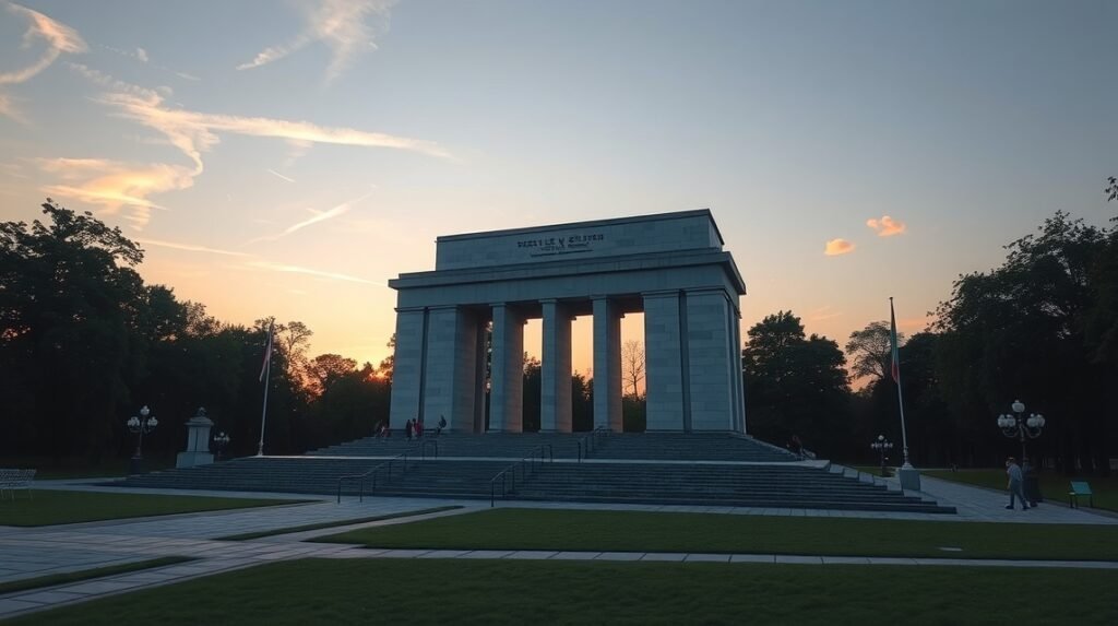 A Székely Vértanúk Emlékműve Marosvásárhelyen naplementében.