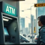 Egy személy egy ATM előtt áll, városi háttérrel.