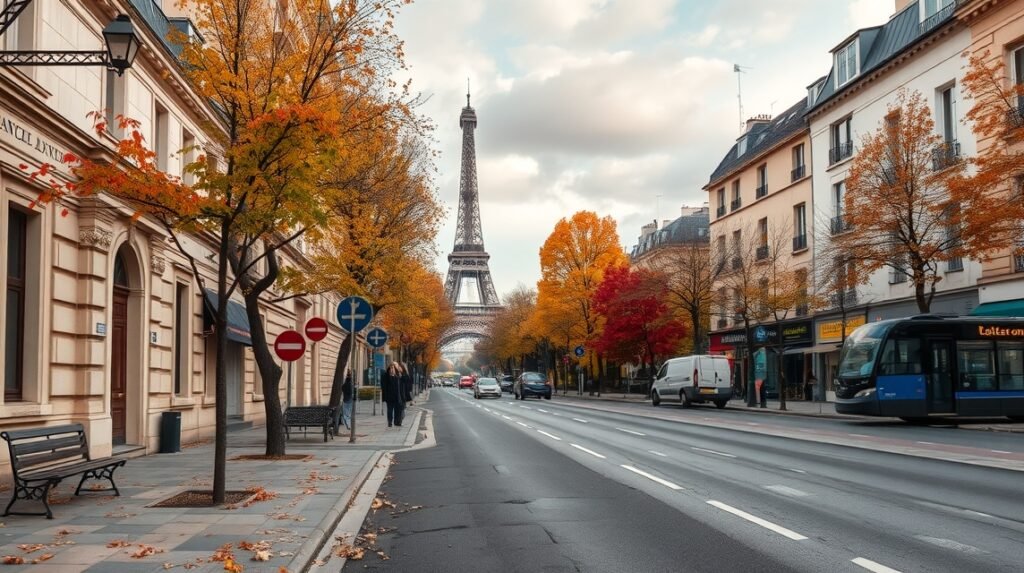 Párizs utcája ősszel, Eiffel-torony háttérben