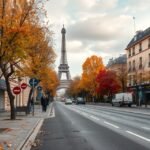 Párizs utcája ősszel, Eiffel-torony háttérben