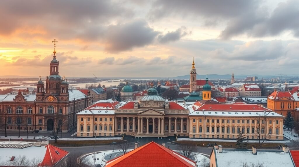 Marosvásárhely városképe naplementében, hóval borítva.