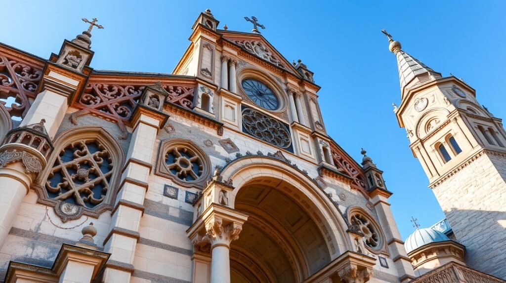 A Három Hierarcha kolostor díszes homlokzata Jászvásáron.