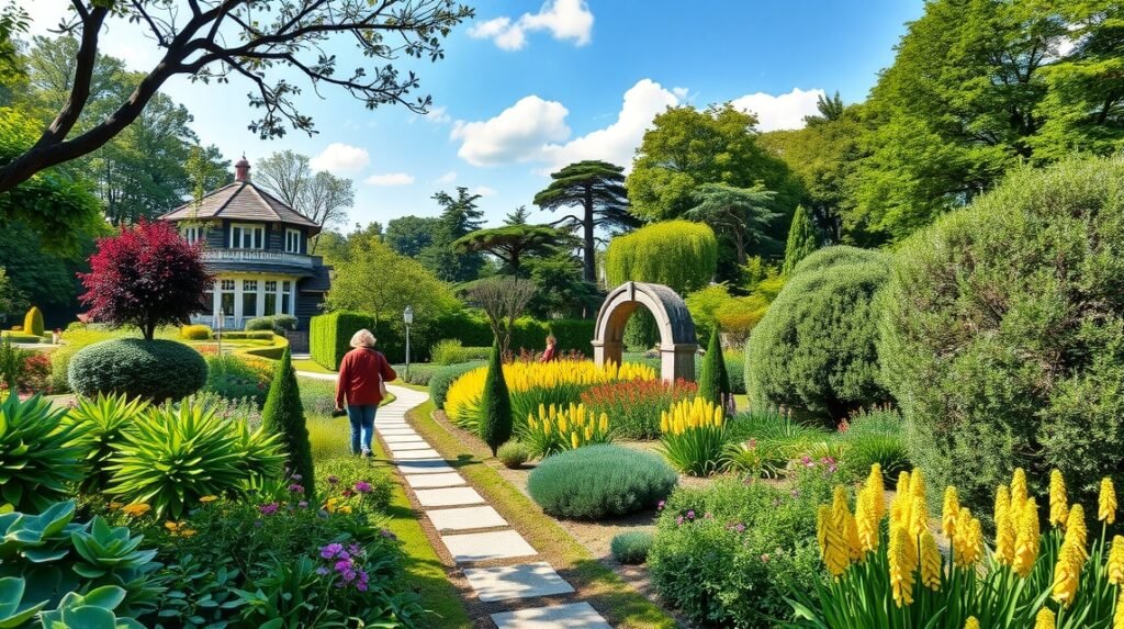 Az Anasztázia Pánu Botanikus Kertben sétáló látogató a virágos ösvényen.