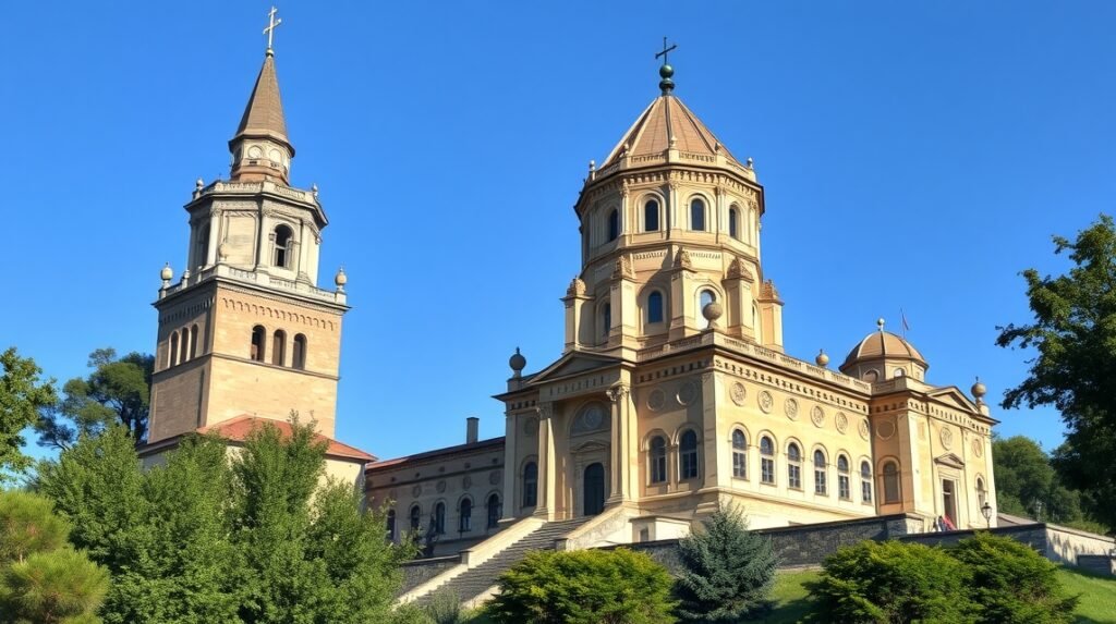 A Golia kolostor és tornya Jászvásáron, Romániában, gyönyörű háttérben.