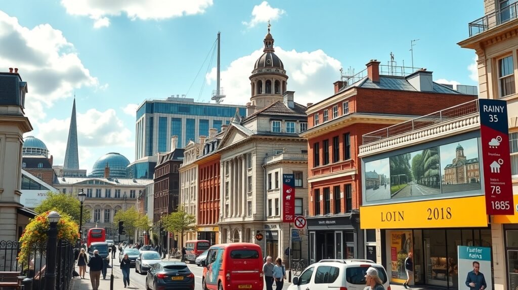 London városi táj, felhőkkel és napfénnyel, 2026 időjárási statisztikákhoz