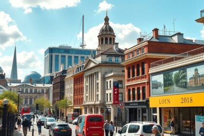 London városi táj, felhőkkel és napfénnyel, 2026 időjárási statisztikákhoz