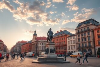 Egyesülés tere Jászvásáron, impozáns épületekkel és városi élettel.