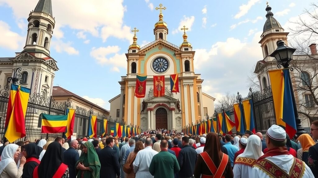 Zarándokok Jászvásárban a templom előtt, Románia
