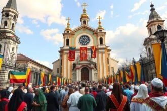 Zarándokok Jászvásárban a templom előtt, Románia