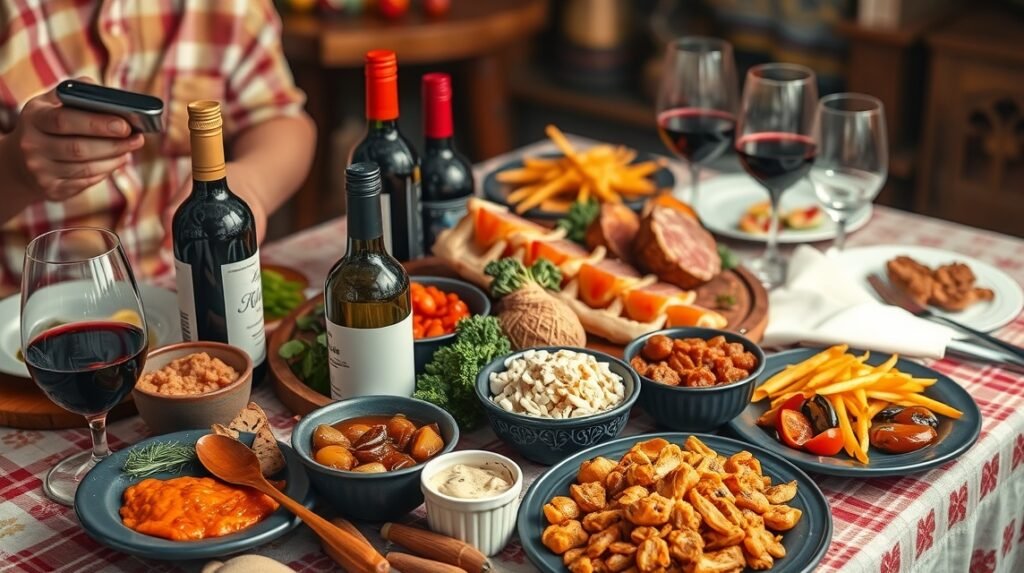 Házias moldvai ételek és borok Jászvásáron, ízletes fogásokkal és italokkal.