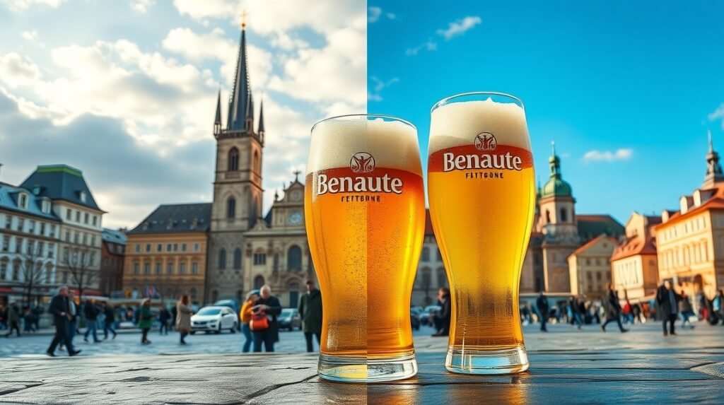 Két pohár sör a prágai tér előtt, háttérben a város híres épületeivel