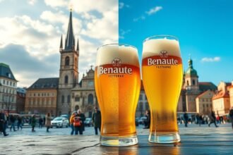 Két pohár sör a prágai tér előtt, háttérben a város híres épületeivel