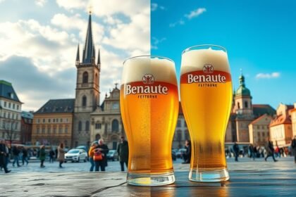 Két pohár sör a prágai tér előtt, háttérben a város híres épületeivel