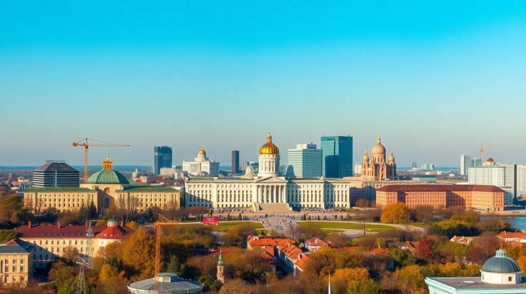 Panorámás kilátás Varsóról a Kultúra és Tudomány Palotájából