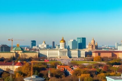 Panorámás kilátás Varsóról a Kultúra és Tudomány Palotájából