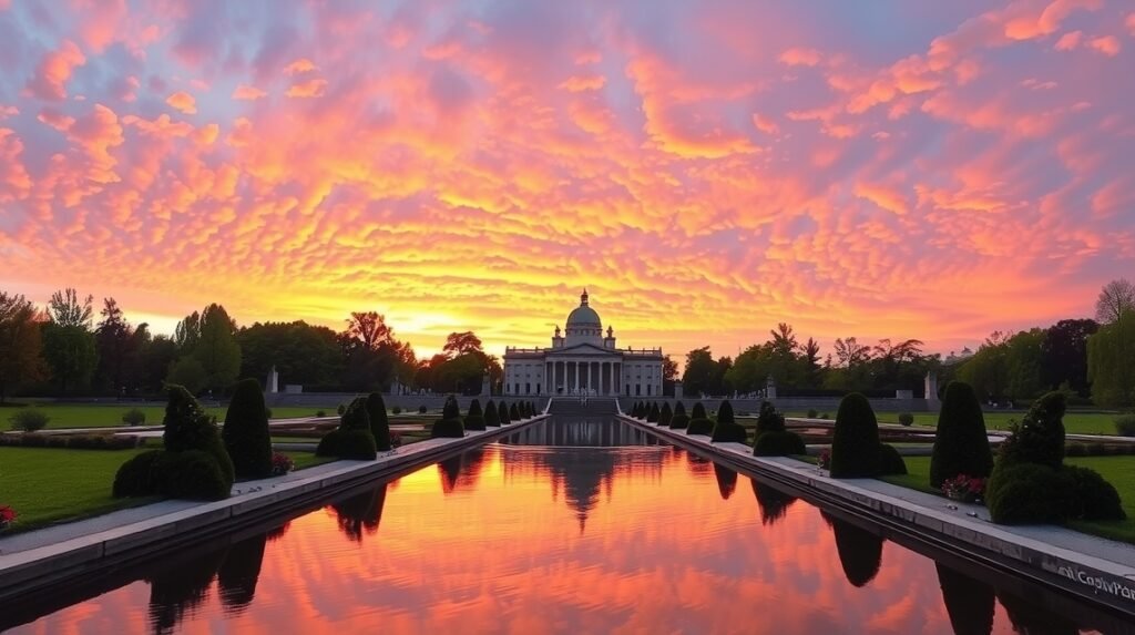 A Łazienki park lenyűgöző látképe naplementekor.