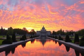 A Łazienki park lenyűgöző látképe naplementekor.