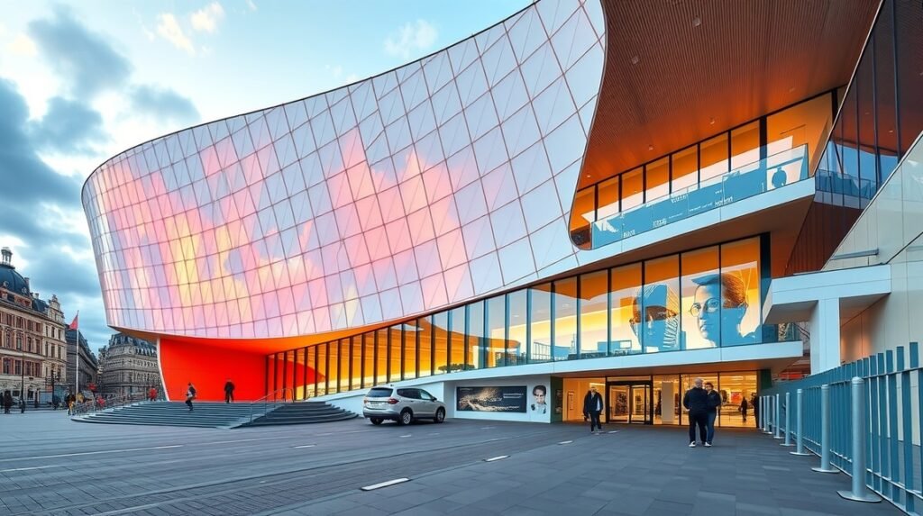 A POLIN Múzeum modern épülete Varsóban, üvegezett homlokzattal.