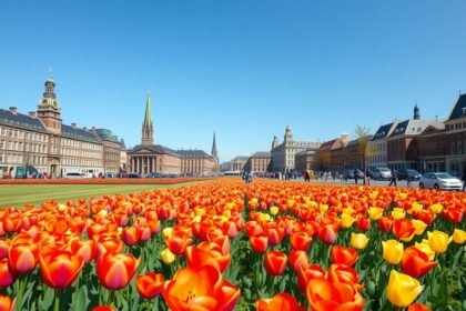 Színes tulipánok Amszterdamban a tiszta kék ég alatt.