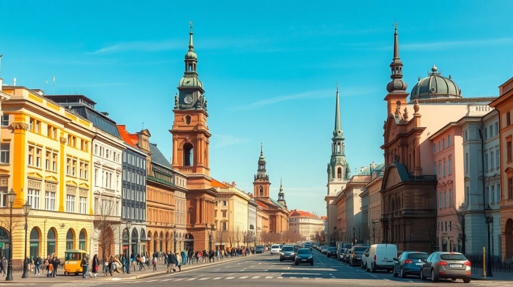 A Királyi úton sétáló emberek és a paloták látványa Varsóban.