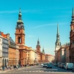 A Királyi úton sétáló emberek és a paloták látványa Varsóban.