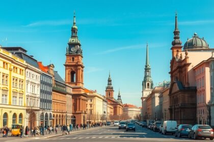 A Királyi úton sétáló emberek és a paloták látványa Varsóban.