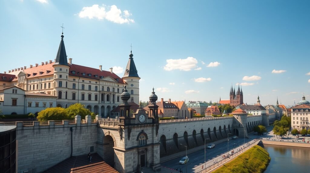 A varsói Barbakán és városfalak panorámája gyönyörű időben.