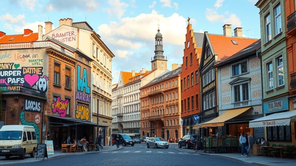 Varsó Praga negyedének művészi utcai falfestményei és kávézói