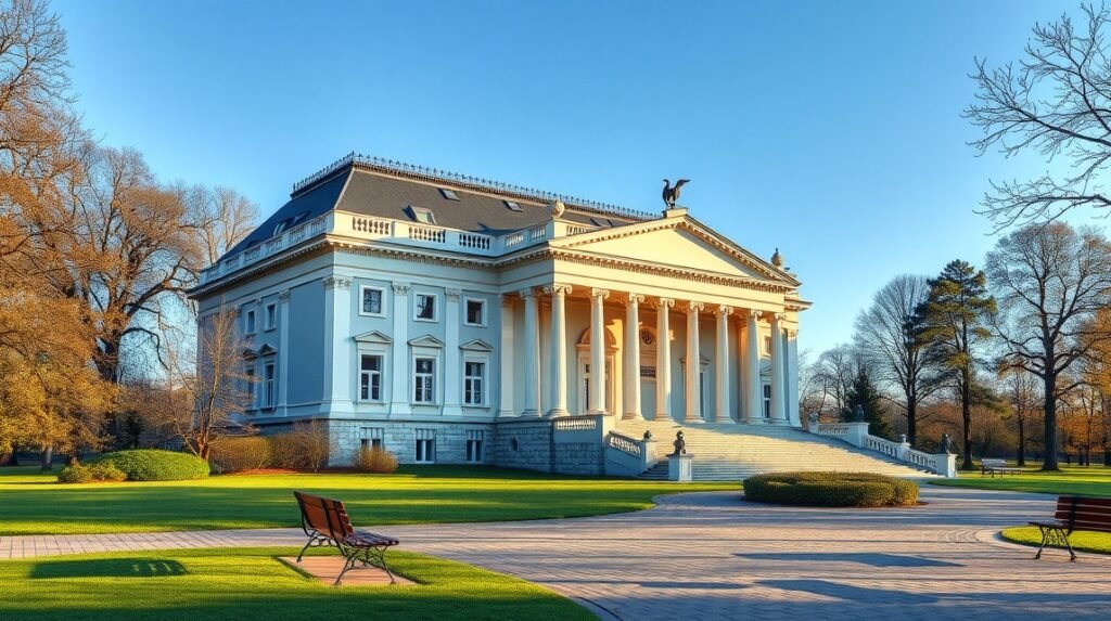 Fryderyk Chopin Múzeum épülete és parkja Varsóban.