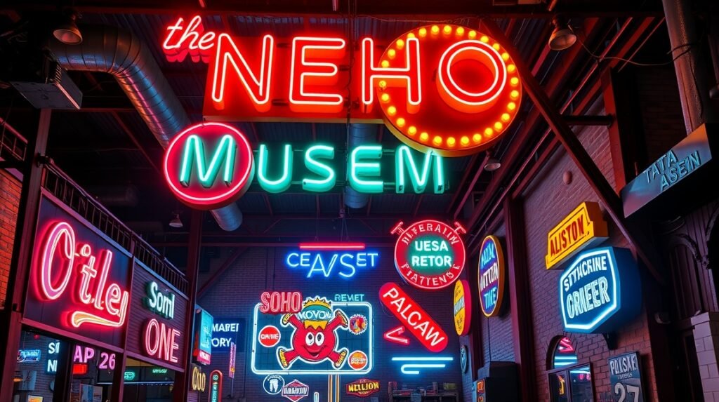 Neon világítás és reklámok a Varsói Neon Múzeumban a Soho Factoryban.