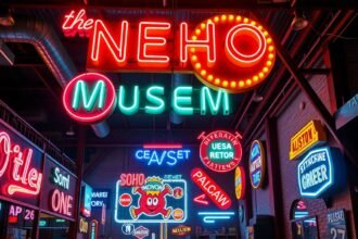 Neon világítás és reklámok a Varsói Neon Múzeumban a Soho Factoryban.