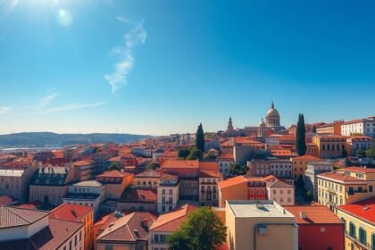 Lisszabon városának panorámaképe napfényben.