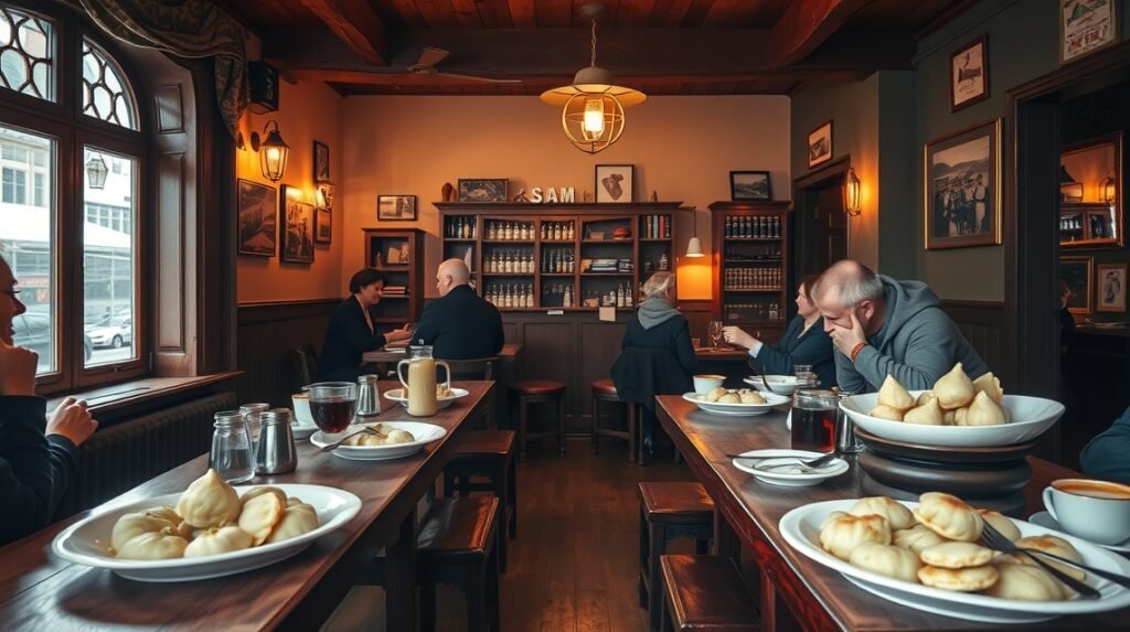 Varsói tejbár belső tér, asztalokkal és pierogival.