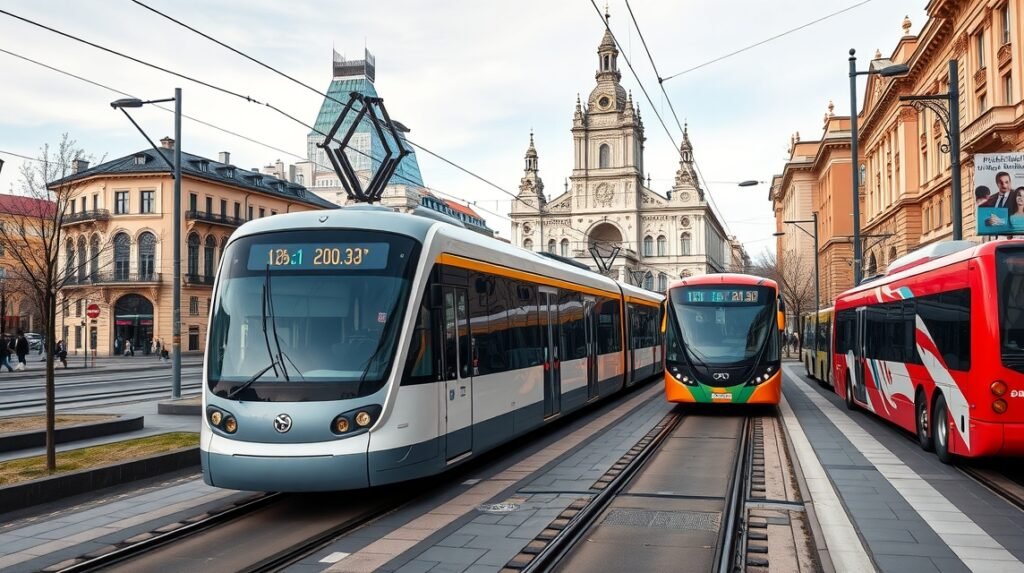 Modern villamosok és buszok Varsó közlekedési rendszerében