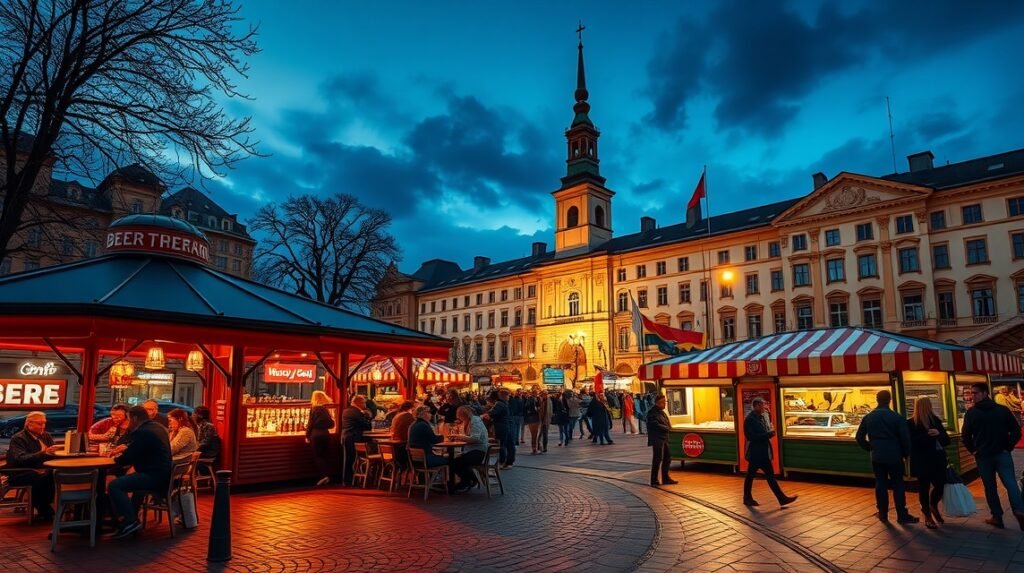 Kézműves sör pavilonok Varsó éjszakai piacon, Nowy Świat környékén.