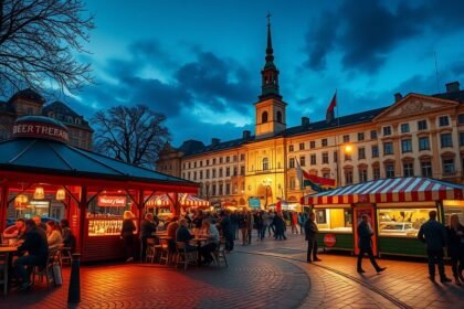 Kézműves sör pavilonok Varsó éjszakai piacon, Nowy Świat környékén.