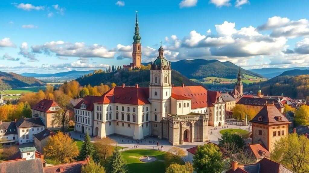 A Melki Apátság és panorámája a Duna partján.