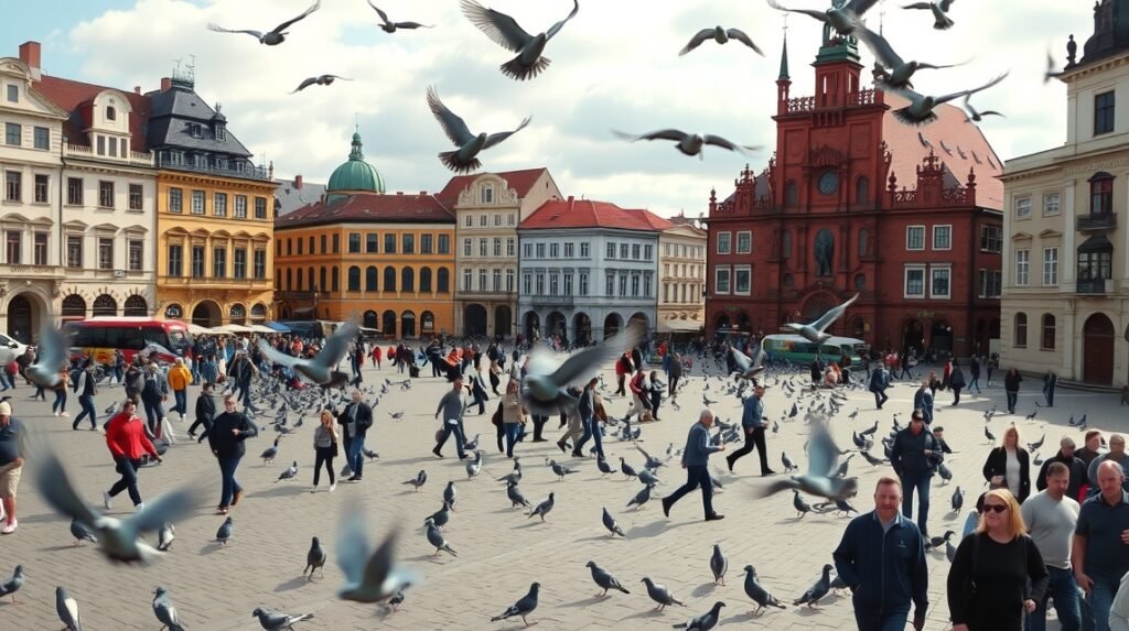 Krakkói Főpiactér galambokkal és látogatókkal