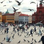 Krakkói Főpiactér galambokkal és látogatókkal