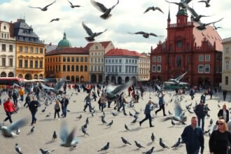 Krakkói Főpiactér galambokkal és látogatókkal