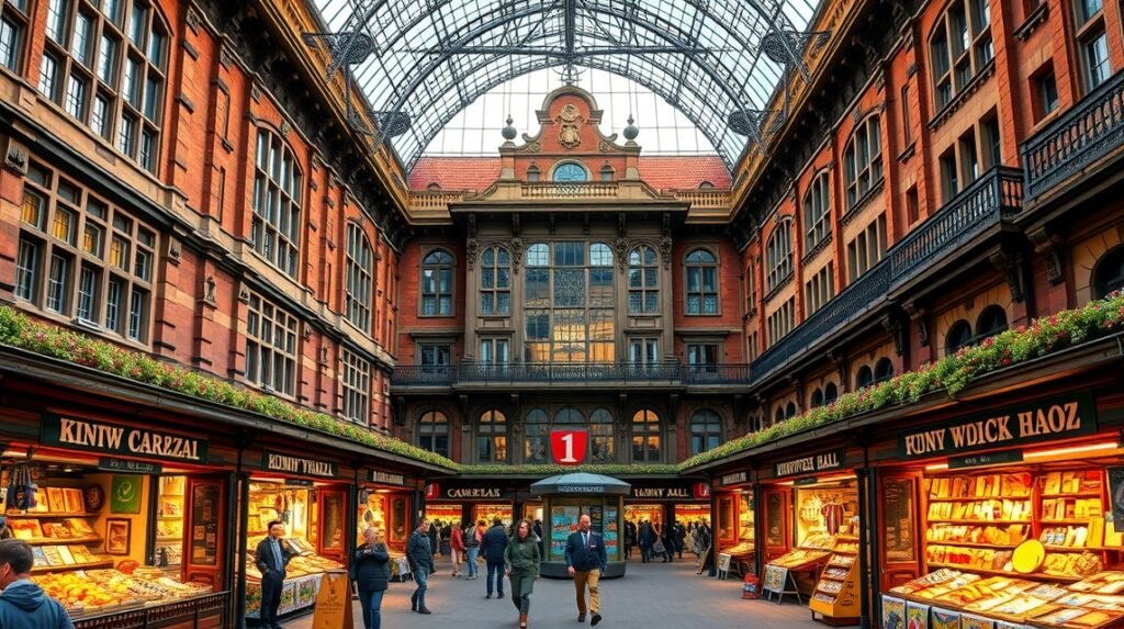 A Posztócsarnok belső tere Krakkóban, árkádos bódékkal és galériával.