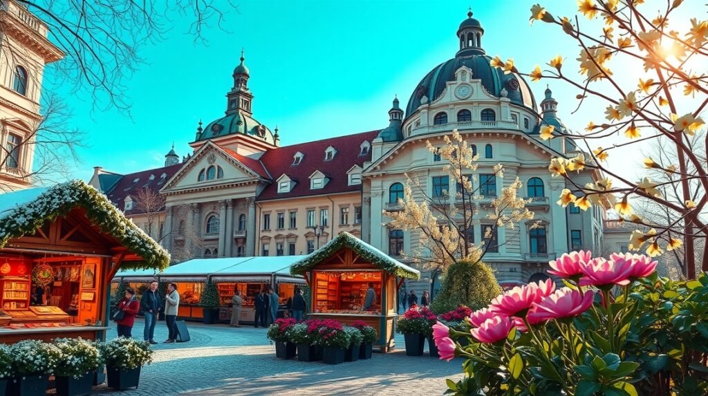 Bécsi karácsonyi vásár díszes pavilonokkal és virágokkal