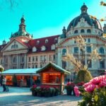 Bécsi karácsonyi vásár díszes pavilonokkal és virágokkal