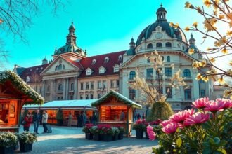 Bécsi karácsonyi vásár díszes pavilonokkal és virágokkal