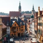 Kazimierz, a történelmi zsidó negyed Krakkóban, szűk utcákkal és régi épületekkel.