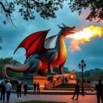 Tűzokádó sárkány szobor Krakkóban, látogatók a Sárkány-barlang közelében.